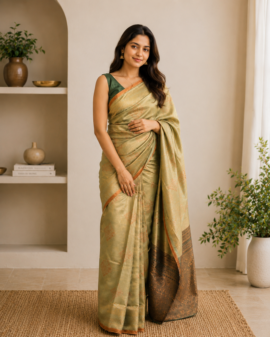 Sage Green Kanjivaram-Style Silk Ready-to-Wear Skirt Saree with Copper Zari Weave — Pre-Stitched with Attached Underskirt & Unstitched Blouse