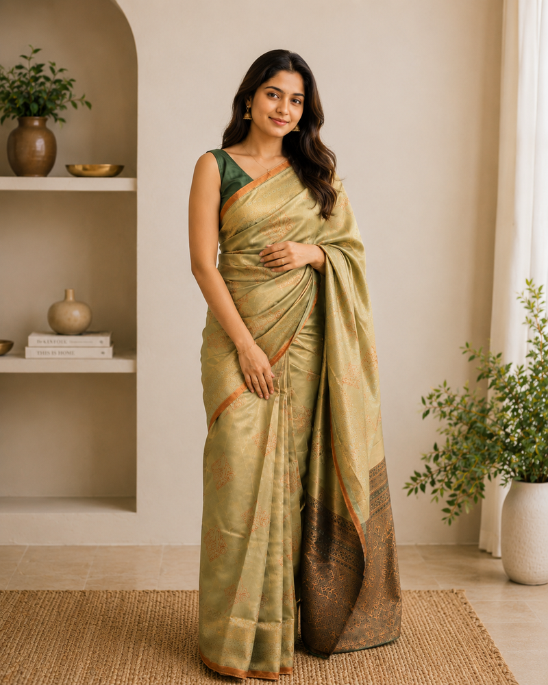 Sage Green Kanjivaram-Style Silk Ready-to-Wear Skirt Saree with Copper Zari Weave — Pre-Stitched with Attached Underskirt & Unstitched Blouse