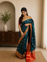 Peacock Green Paithani-Style Ready-to-Wear Skirt Saree with Contrast Orange Border — Pre-Stitched with Attached Underskirt & Unstitched Blouse