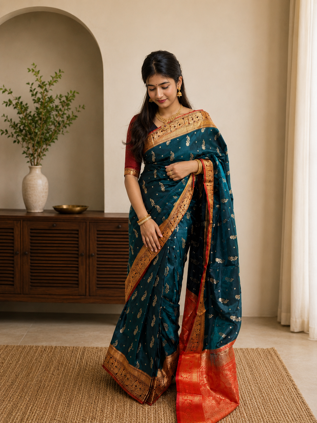 Peacock Green Paithani-Style Ready-to-Wear Skirt Saree with Contrast Orange Border — Pre-Stitched with Attached Underskirt & Unstitched Blouse