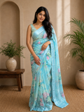 Sky Blue Floral Ready-to-Wear Skirt Saree — Pre-Stitched with Attached Underskirt & Unstitched Blouse