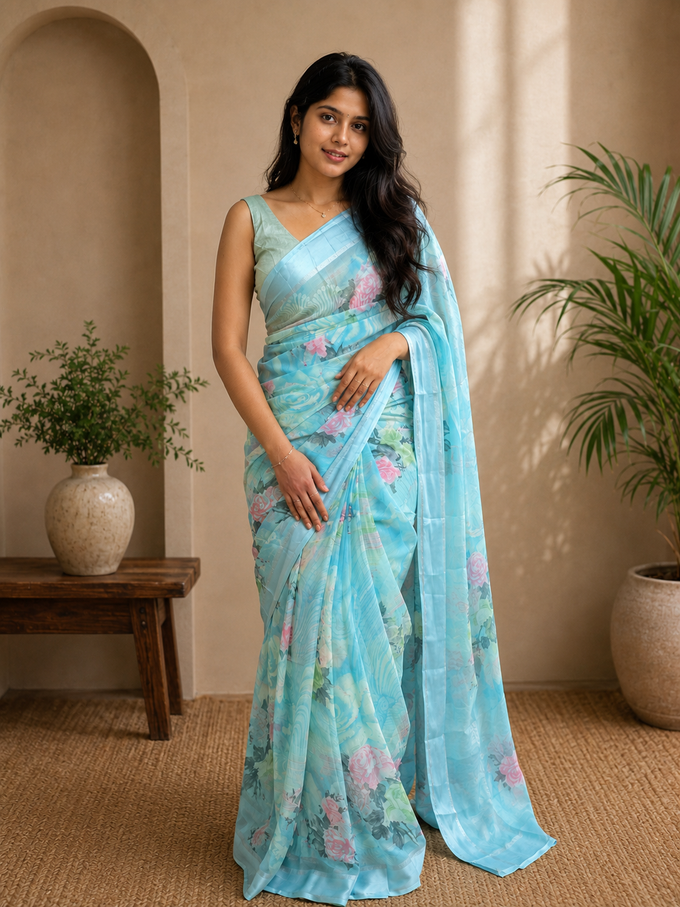 Sky Blue Floral Ready-to-Wear Skirt Saree — Pre-Stitched with Attached Underskirt & Unstitched Blouse