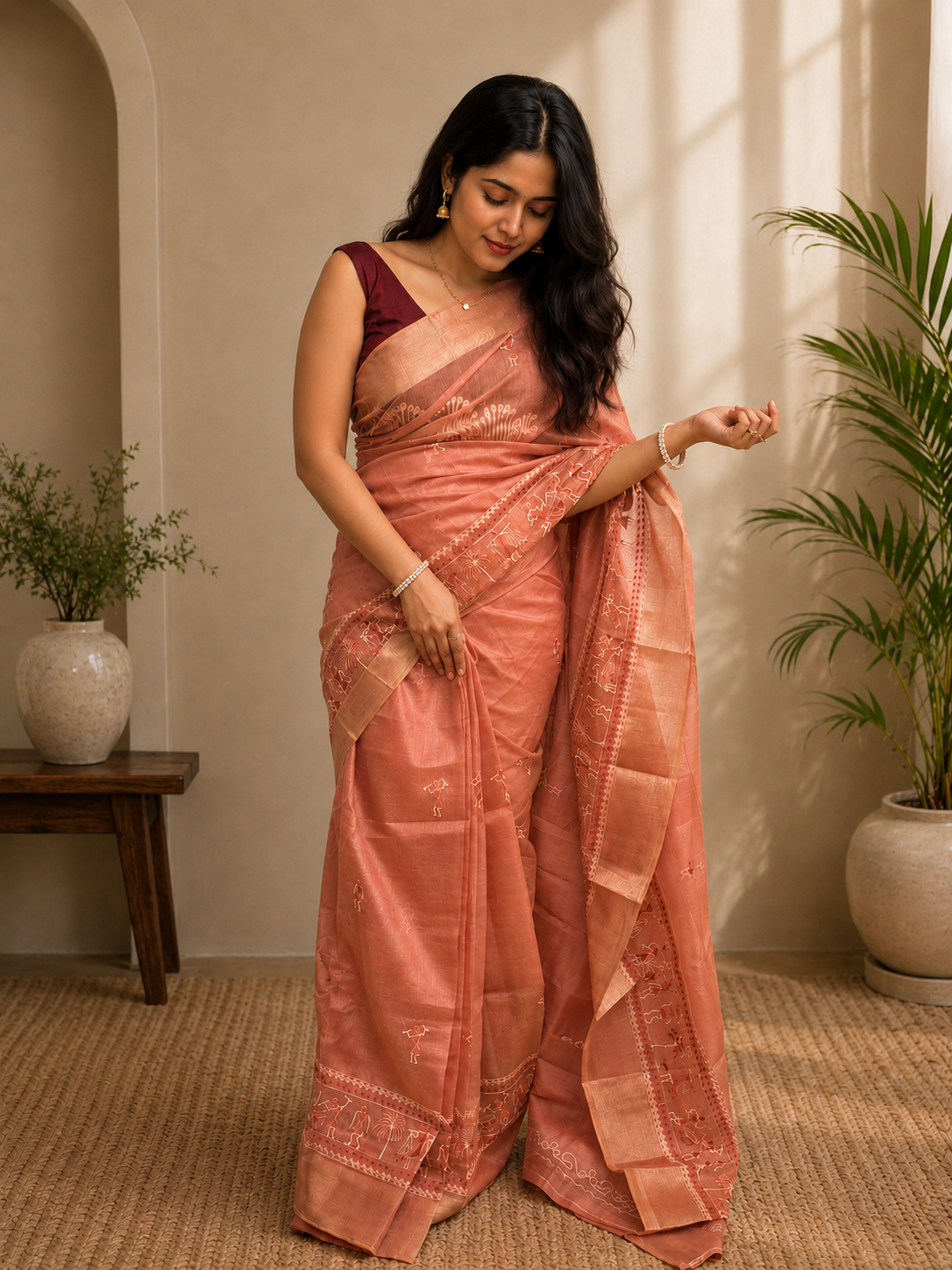 Peach Warli Art Tissue Ready-to-Wear Skirt Saree with Zari Border — Pre-Stitched with Attached Underskirt & Unstitched Blouse