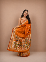Orange Zari Nasguri Silk Paithani Saree with Matching Unstitched Blouse Piece | Premium Traditional Maharashtrian Wedding & Festive Wear Silk Saree for Women
