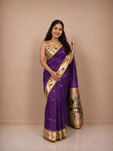 Violet Zari Nasguri Silk Paithani Saree with Handwoven Floral Pallu & Matching Unstitched Blouse Piece | Premium Traditional Wedding & Festive Wear Saree for Women