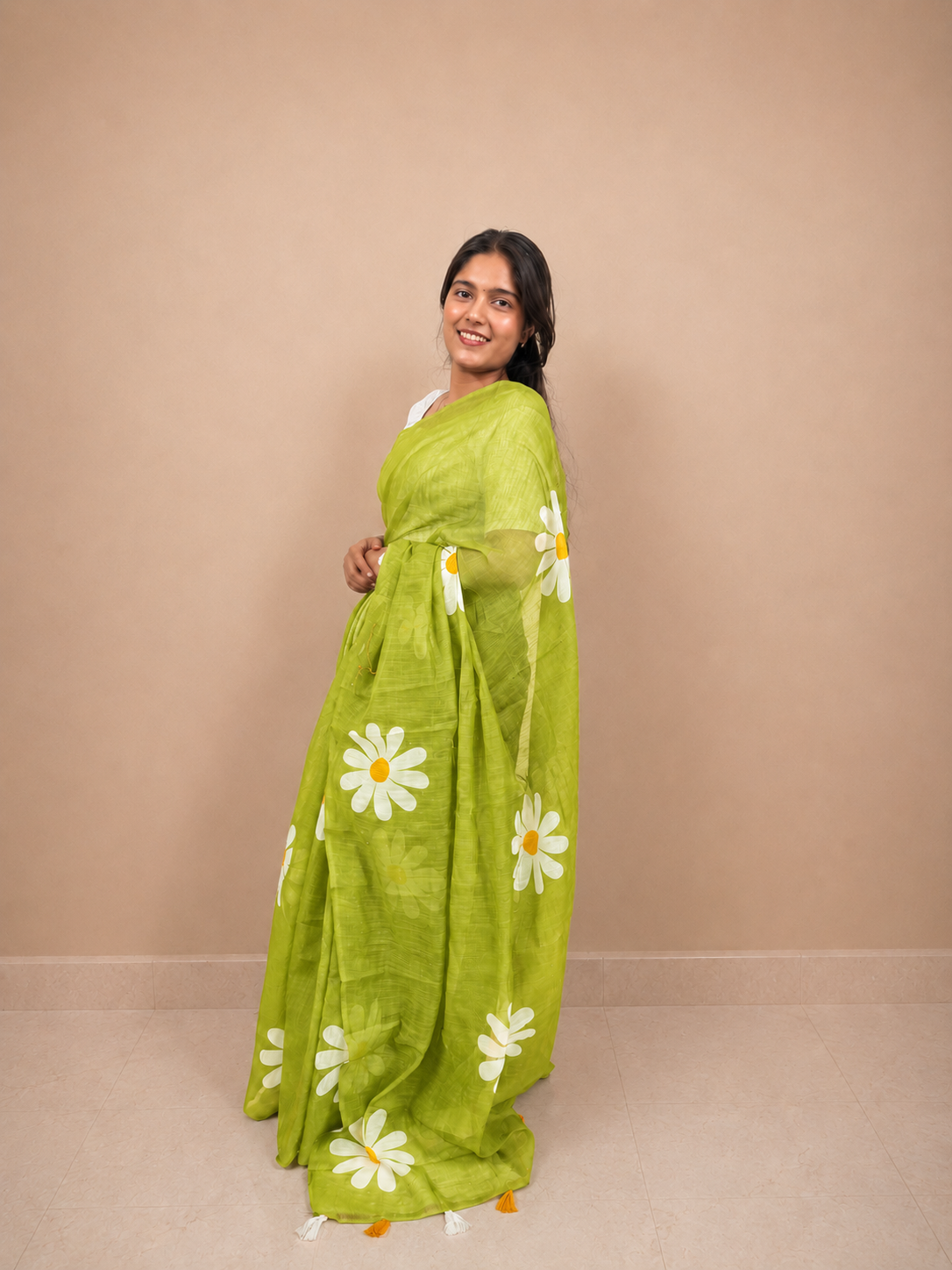 Green Daisy Floral Cotton Ready-to-Wear Skirt Saree — Pre-Stitched with Attached Underskirt & Unstitched Blouse