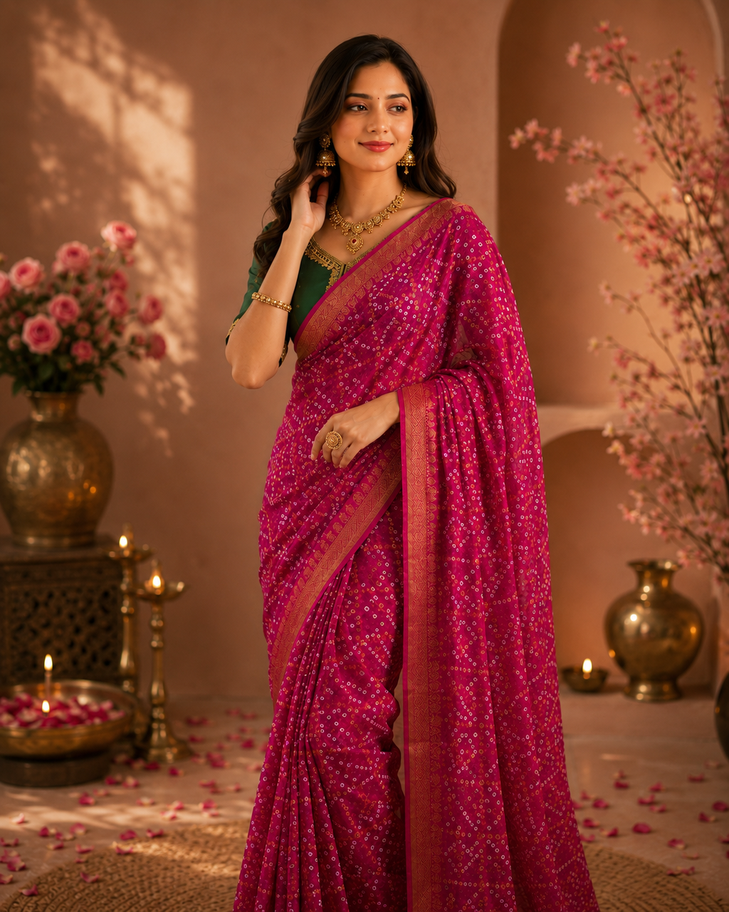Rani Pink Bandhani Ready-to-Wear Skirt Saree with Zari Border — Pre-Stitched with Attached Underskirt & Unstitched Blouse