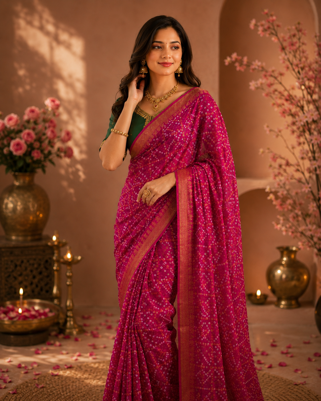 Rani Pink Bandhani Ready-to-Wear Skirt Saree with Zari Border — Pre-Stitched with Attached Underskirt & Unstitched Blouse