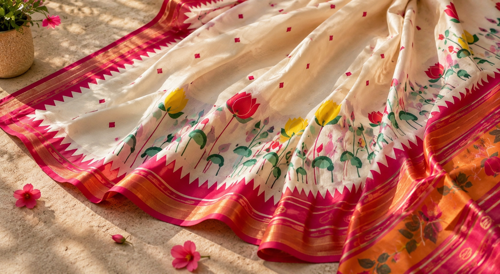 White Red Kalamkari Booti & Pallu Mul Cotton Ready-to-Wear Skirt Saree — Pre-Stitched with Attached Underskirt & Unstitched Blouse