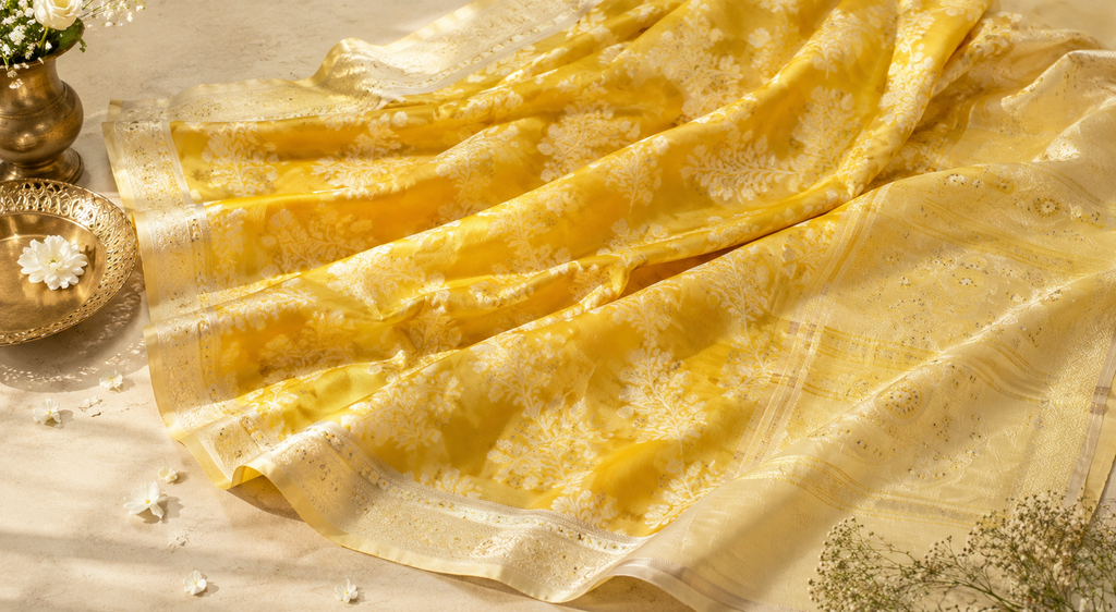 Sunshine Yellow Floral Ready-to-Wear Skirt Saree — Pre-Stitched with Attached Underskirt & Unstitched Blouse