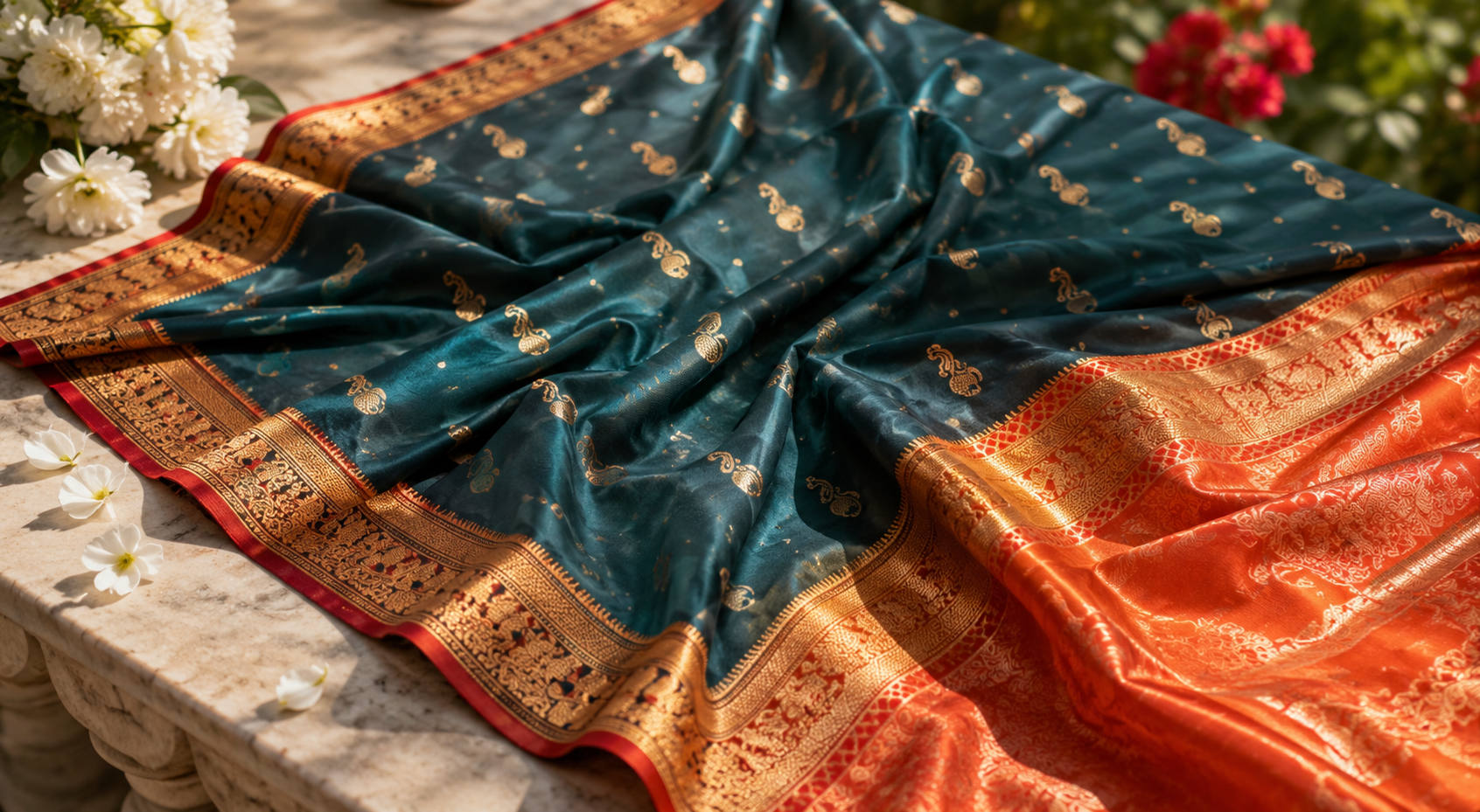 Peacock Green Paithani-Style Ready-to-Wear Skirt Saree with Contrast Orange Border — Pre-Stitched with Attached Underskirt & Unstitched Blouse