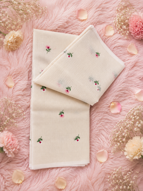 Minimal Floral Embroidered Cotton Ready-to-Wear Skirt Saree — Pre-Stitched with Attached Underskirt & Unstitched Blouse