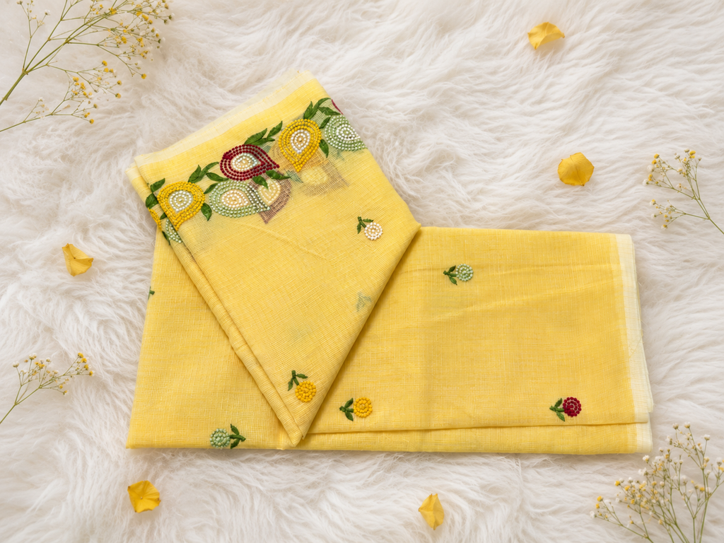 Buttercup Yellow Fine Embroidered Cotton Ready-to-Wear Skirt Saree with Floral Pallu — Pre-Stitched with Attached Underskirt & Unstitched Blouse
