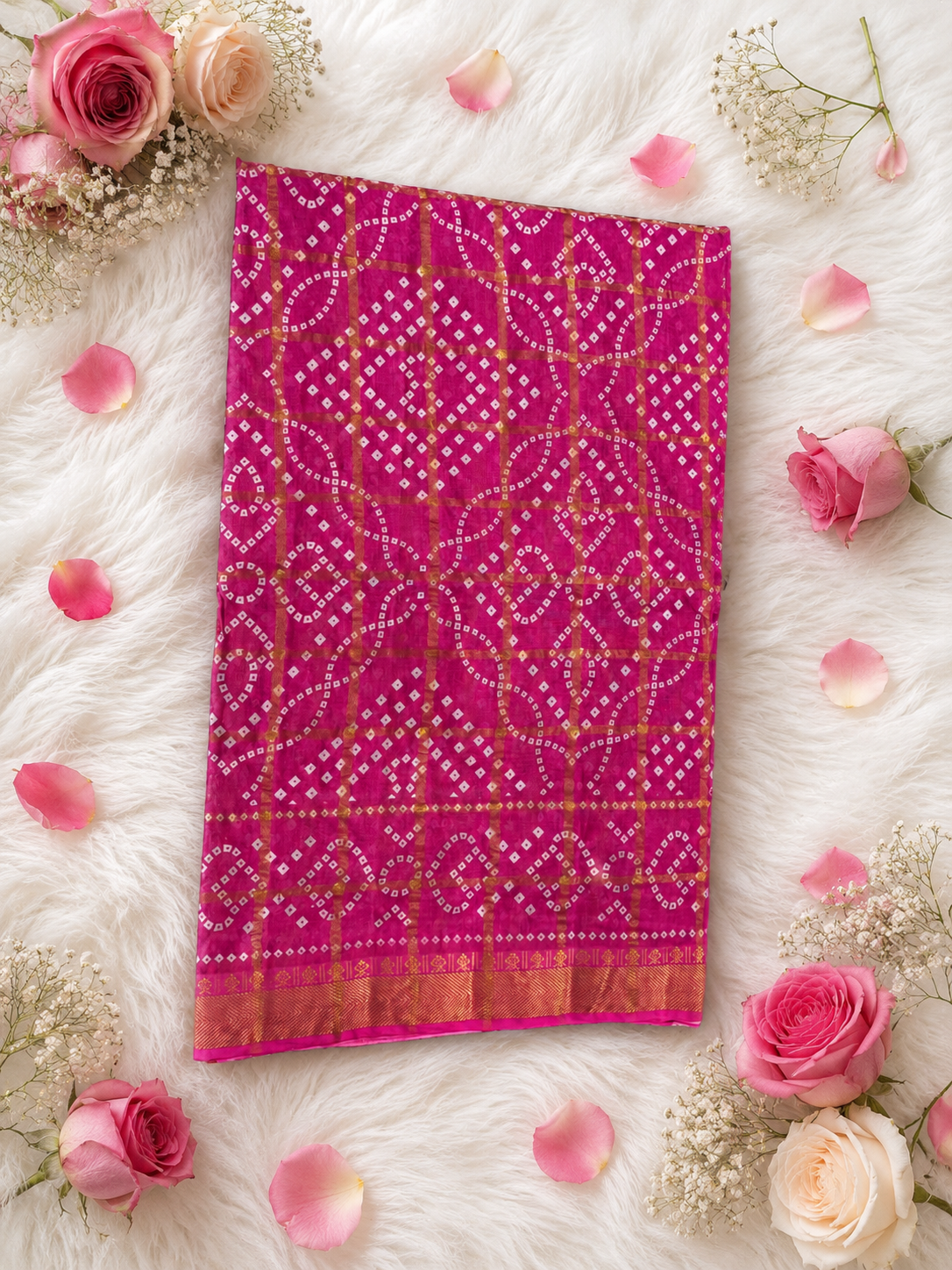 Rani Pink Bandhani Ready-to-Wear Skirt Saree with Zari Border — Pre-Stitched with Attached Underskirt & Unstitched Blouse