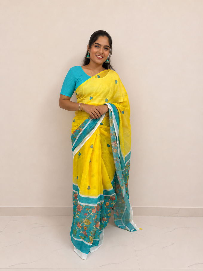 Yellow Teal Kalamkari Floral Border Cotton Ready-to-Wear Skirt Saree — Pre-Stitched with Attached Underskirt & Unstitched Blouse