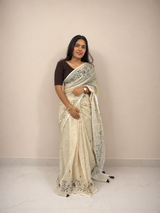 Beige Nature-Inspired Cotton Blend Ready-to-Wear Skirt Saree — Pre-Stitched with Attached Underskirt & Unstitched Blouse