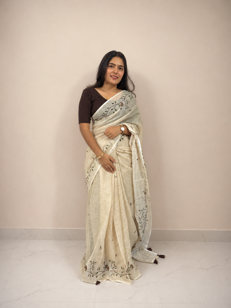 Beige Nature-Inspired Cotton Blend Ready-to-Wear Skirt Saree — Pre-Stitched with Attached Underskirt & Unstitched Blouse