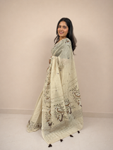 Beige Nature-Inspired Cotton Blend Ready-to-Wear Skirt Saree — Pre-Stitched with Attached Underskirt & Unstitched Blouse