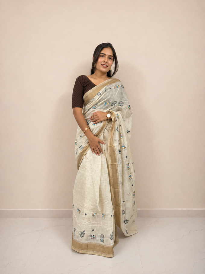 Ivory Warli Embroidered Cotton Blend Ready-to-Wear Skirt Saree — Pre-Stitched with Attached Underskirt & Unstitched Blouse