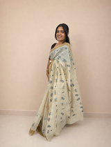Ivory Warli Embroidered Cotton Blend Ready-to-Wear Skirt Saree — Pre-Stitched with Attached Underskirt & Unstitched Blouse