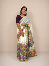 Cream Mythological Art Cotton Linen Blend Ready-to-Wear Skirt Saree — Pre-Stitched with Attached Underskirt & Unstitched Blouse