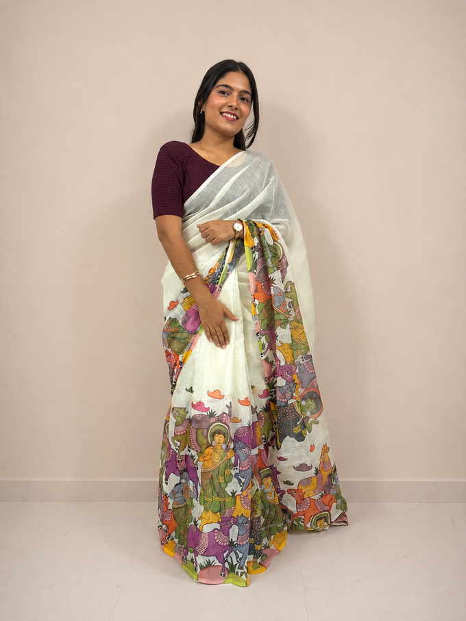 Cream Mythological Art Cotton Linen Blend Ready-to-Wear Skirt Saree — Pre-Stitched with Attached Underskirt & Unstitched Blouse