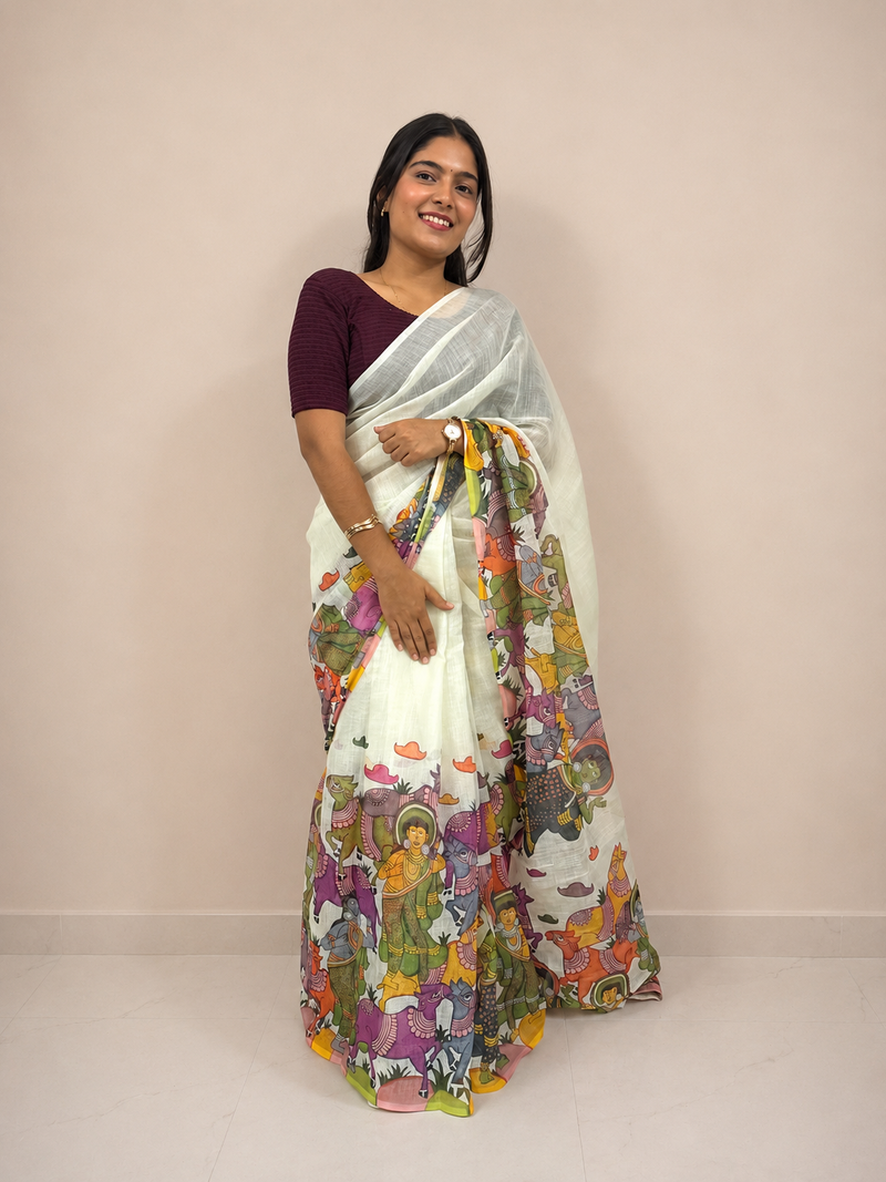 Cream Mythological Art Cotton Linen Blend Ready-to-Wear Skirt Saree — Pre-Stitched with Attached Underskirt & Unstitched Blouse