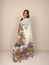 Cream Mythological Art Cotton Linen Blend Ready-to-Wear Skirt Saree — Pre-Stitched with Attached Underskirt & Unstitched Blouse