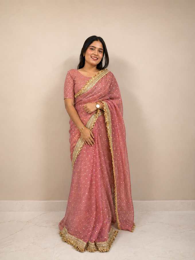 Peach Banarasi Dot Weave Saree — Ready-to-Wear Skirt Saree — Pre-Stitched with Attached Underskirt & Unstitched Blouse