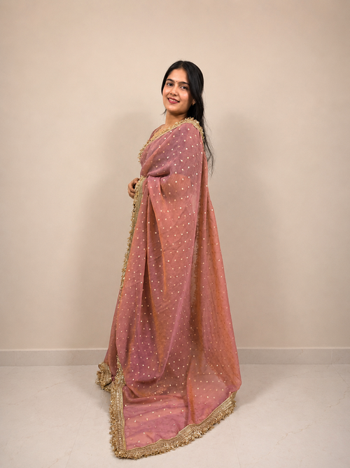 Peach Banarasi Dot Weave Saree — Ready-to-Wear Skirt Saree — Pre-Stitched with Attached Underskirt & Unstitched Blouse