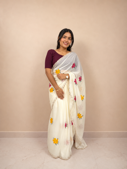 Cream Floral Embroidered Chiffon Saree Ready-to-Wear Skirt Saree — Pre-Stitched with Attached Underskirt & Unstitched Blouse