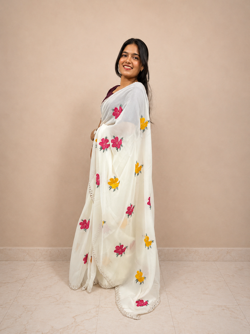 Cream Floral Embroidered Chiffon Saree Ready-to-Wear Skirt Saree — Pre-Stitched with Attached Underskirt & Unstitched Blouse