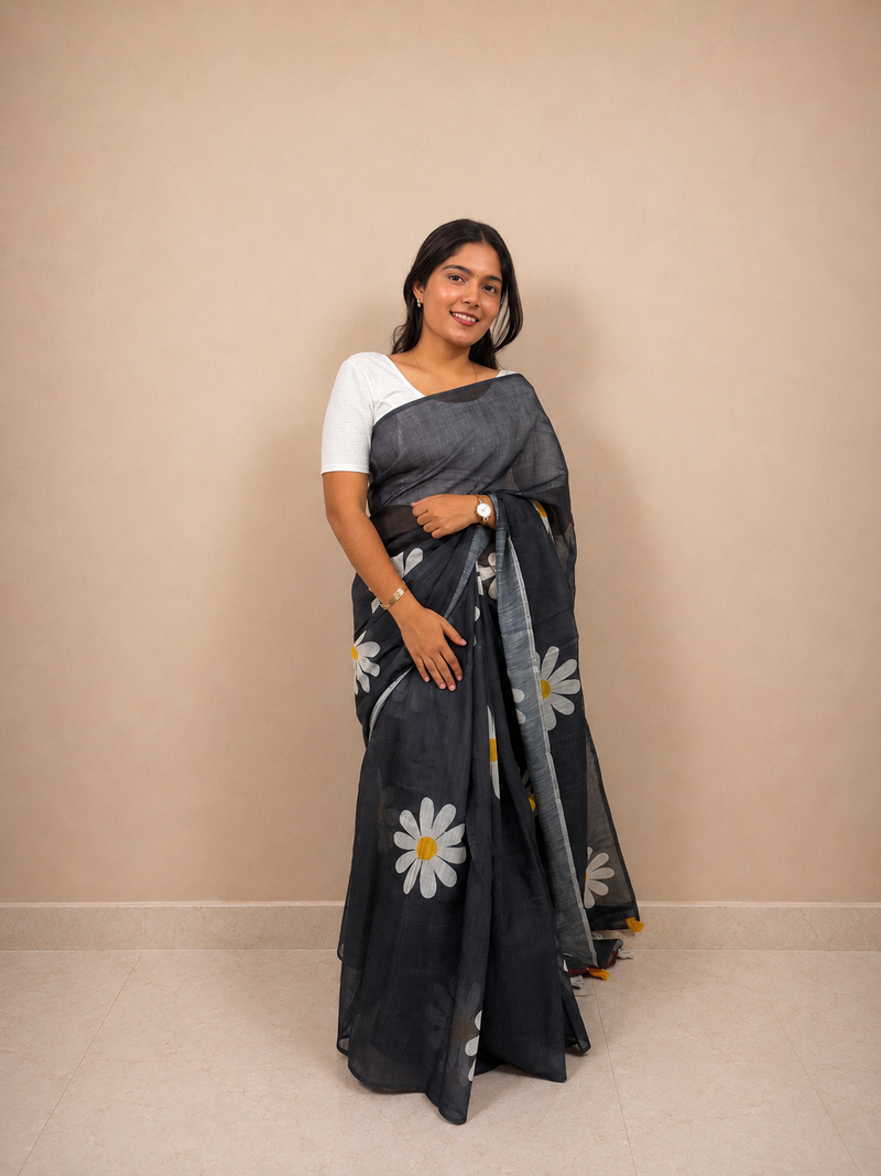 Black Daisy Floral Cotton Ready-to-Wear Skirt Saree — Pre-Stitched with Attached Underskirt & Unstitched Blouse