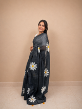 Black Daisy Floral Cotton Ready-to-Wear Skirt Saree — Pre-Stitched with Attached Underskirt & Unstitched Blouse