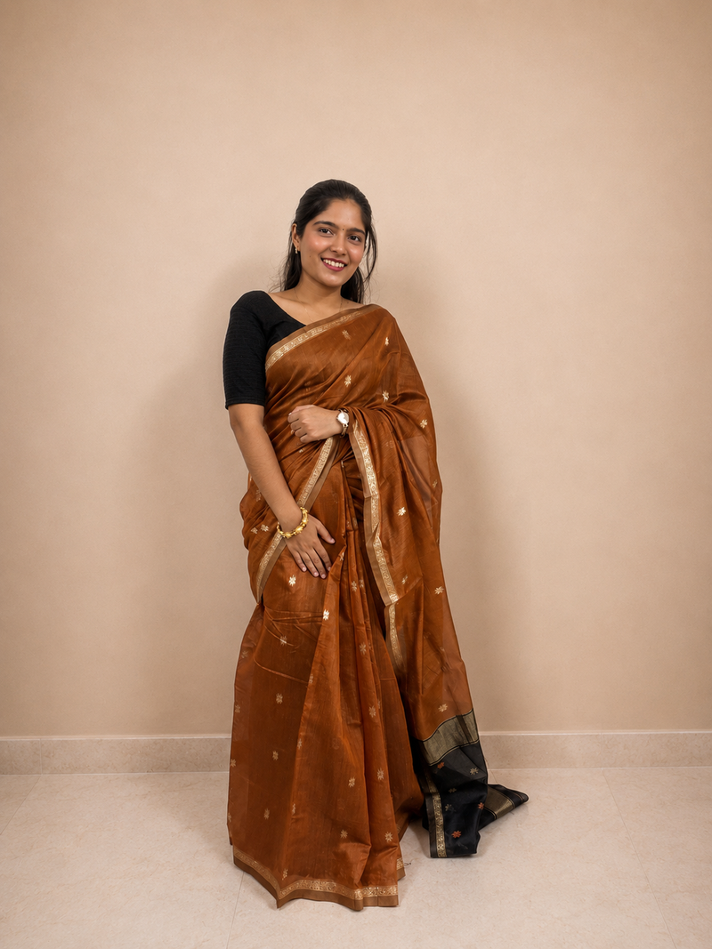 Rusted Orange & Black Gaji Silk Ready-to-Wear Skirt Saree — Pre-Stitched with Attached Underskirt & Unstitched Blouse