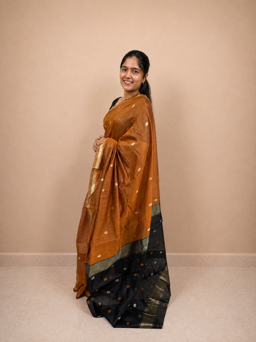 Rusted Orange & Black Gaji Silk Ready-to-Wear Skirt Saree — Pre-Stitched with Attached Underskirt & Unstitched Blouse