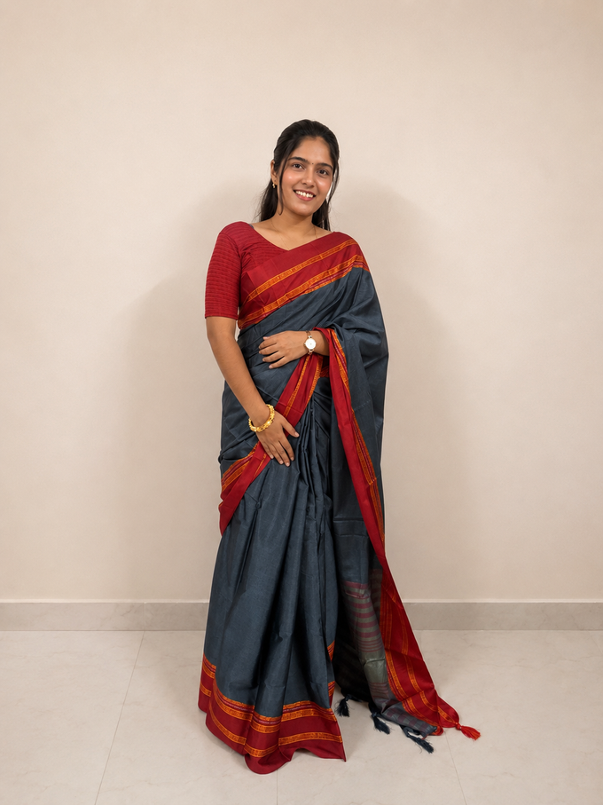 Charcoal Grey & Red Gaji Silk Ready-to-Wear Skirt Saree — Pre-Stitched with Attached Underskirt & Unstitched Blouse