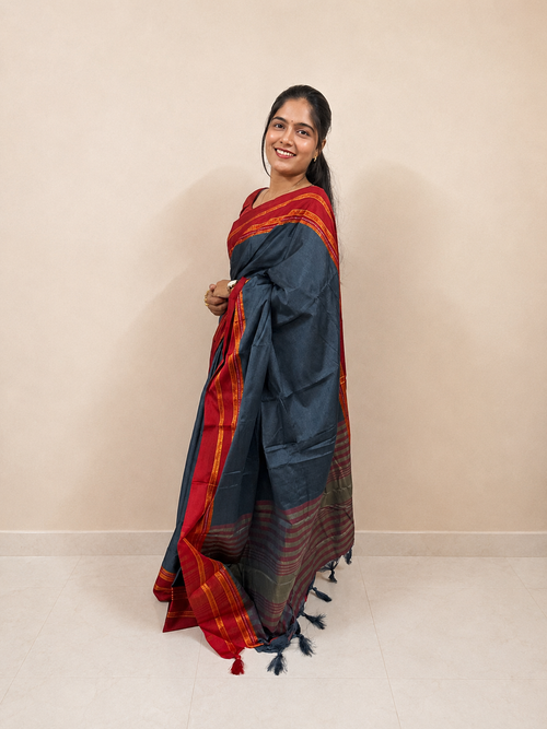 Charcoal Grey & Red Gaji Silk Ready-to-Wear Skirt Saree — Pre-Stitched with Attached Underskirt & Unstitched Blouse
