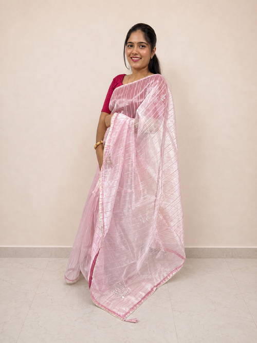Baby Pink Organza Ready-to-Wear Skirt Saree — Pre-Stitched with Attached Underskirt & Unstitched Blouse