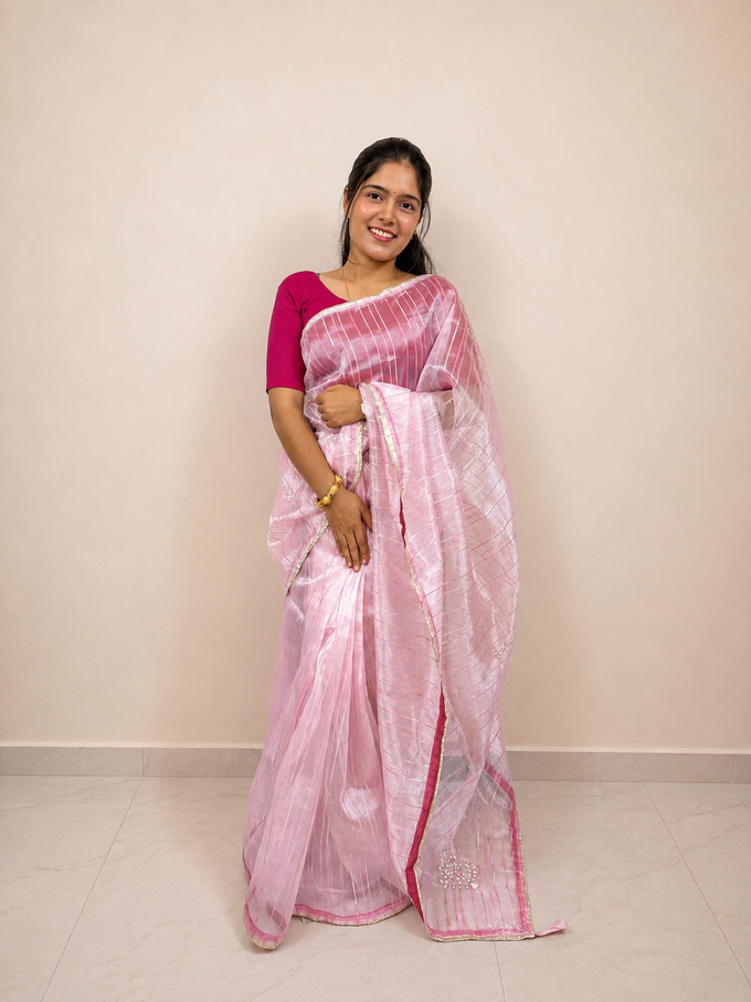 Baby Pink Organza Ready-to-Wear Skirt Saree — Pre-Stitched with Attached Underskirt & Unstitched Blouse
