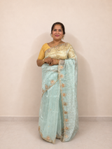 Powder Blue Embroidered Organza Ready-to-Wear Skirt Saree — Pre-Stitched with Attached Underskirt & Unstitched Blouse
