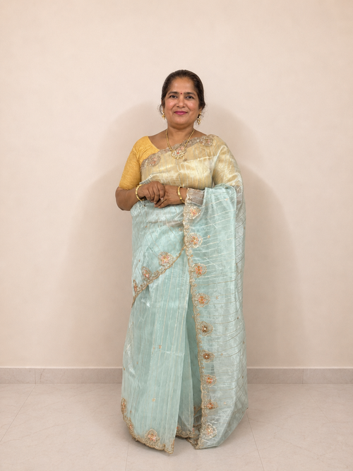 Powder Blue Embroidered Organza Ready-to-Wear Skirt Saree — Pre-Stitched with Attached Underskirt & Unstitched Blouse