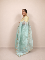 Powder Blue Embroidered Organza Ready-to-Wear Skirt Saree — Pre-Stitched with Attached Underskirt & Unstitched Blouse