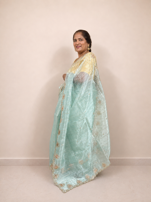 Powder Blue Embroidered Organza Ready-to-Wear Skirt Saree — Pre-Stitched with Attached Underskirt & Unstitched Blouse