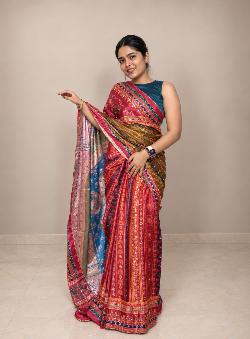 Rashmika Mandanna Inspired Viral Silk Satin Mirror Work Saree for Women | Celebrity-Inspired Party Wear, Wedding & Festive Saree