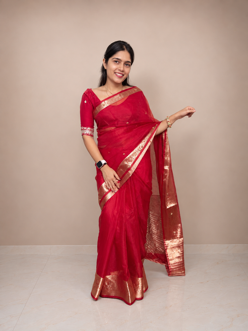 Red Tissue Ghungroo Saree with Golden Border | Designer Festive, Wedding & Party Wear Saree for Women