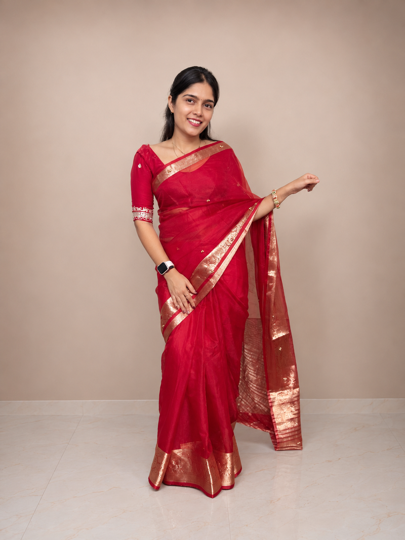 Red Tissue Ghungroo Saree with Golden Border | Designer Festive, Wedding & Party Wear Saree for Women